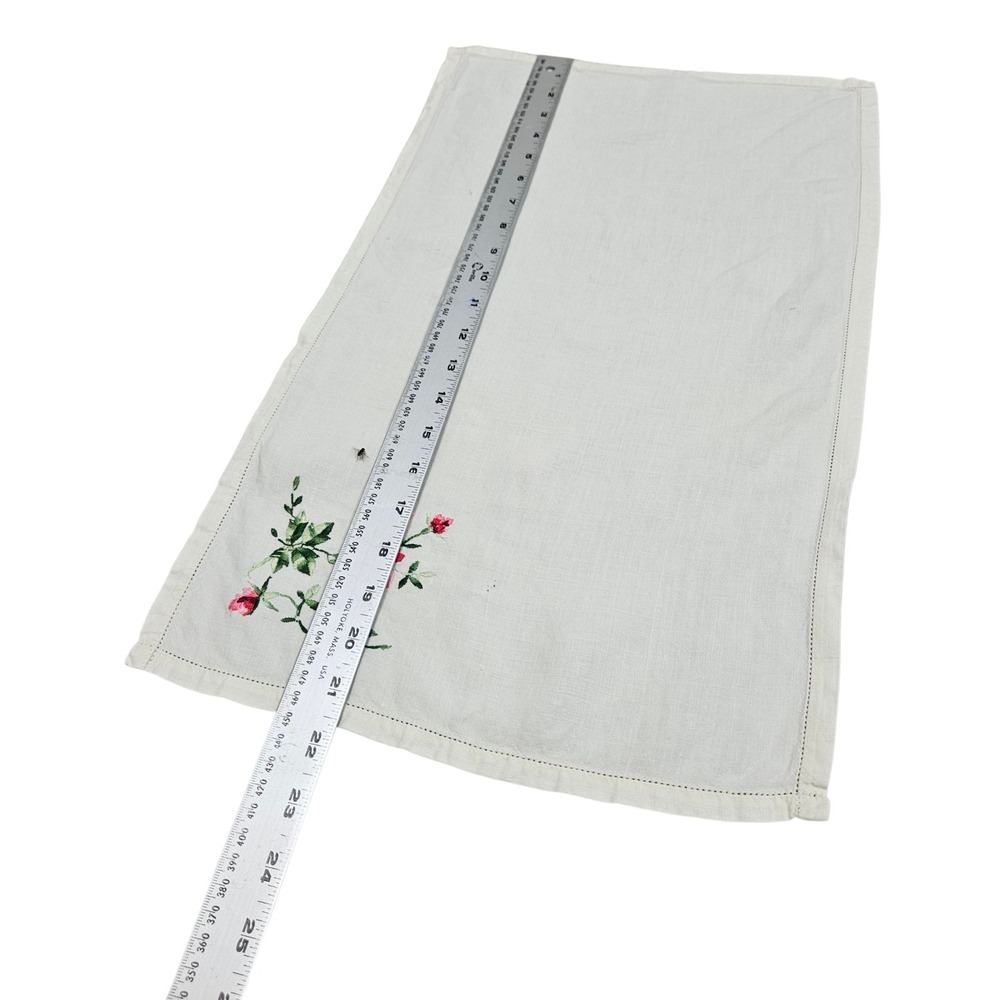 Vintage Embroidered Linen Tea Towel Cottagecore Floral Pink Green Roses - Picture 8 of 9